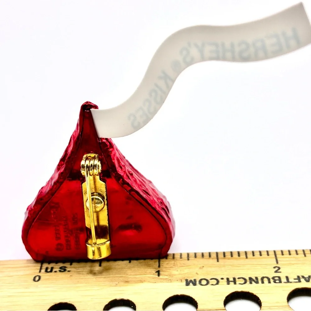 Vintage SIGNED Hallmark Hersey Kiss Brooch In Red Tin Foil with Flag/Tail